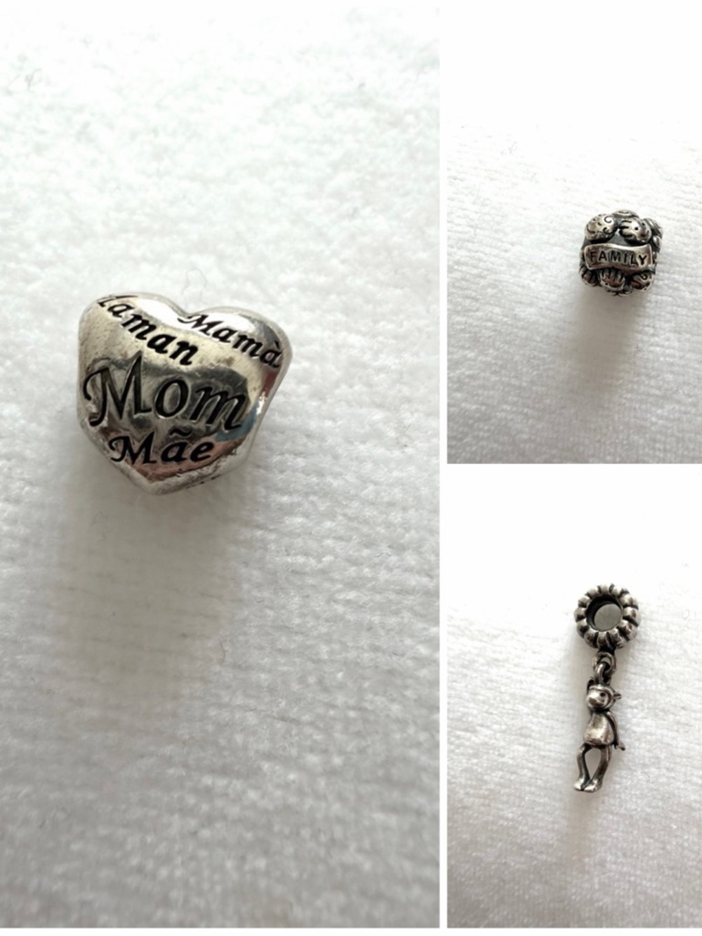 Pandora charms, Set of 3, Mom, Family, and Monkey, Used.